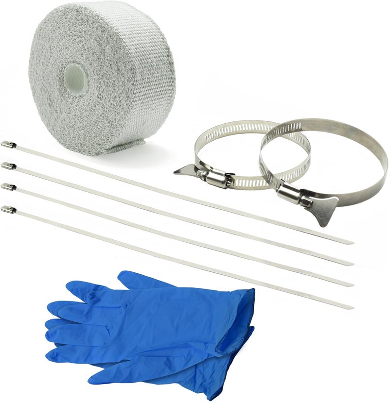 DOBTIM Fireproof Pipe Wrap Insulation 2" Wide X 32' Long, Fiberglass Heat Shield Tape Pipe Webbing for Stove Flue Protector with 2 Clamps, White - Image 3